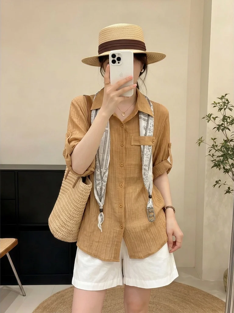 

Elegant Silk Scarf Short Sleeve Shirt Women's Summer New Style plus Size Thin Commute Top Korean Version Loose Fit Shirt