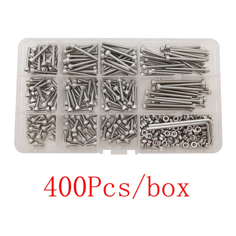 400Pcs/Box M3 304 Stainless Steel Internal Hexagon Screws Bolt Nuts Assortment Kit Hex Socket Head Thread Screw Nut M3