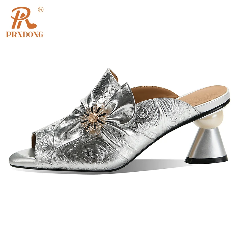 PRXDONG New Elegant Genuine Leather Summer Shoes Woman Sandals Silver High Heels Open Toe Dress Party Wedding Lady SHoes 34-40