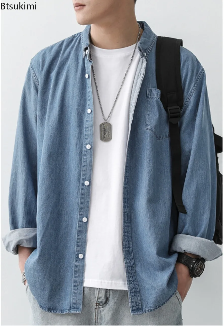 New Men's Long Sleeve Denim Shirts Spring Autumn Vintage All-match Casual Shirt Jackets Fashion Solid Loose Cotton Cargo Shirts