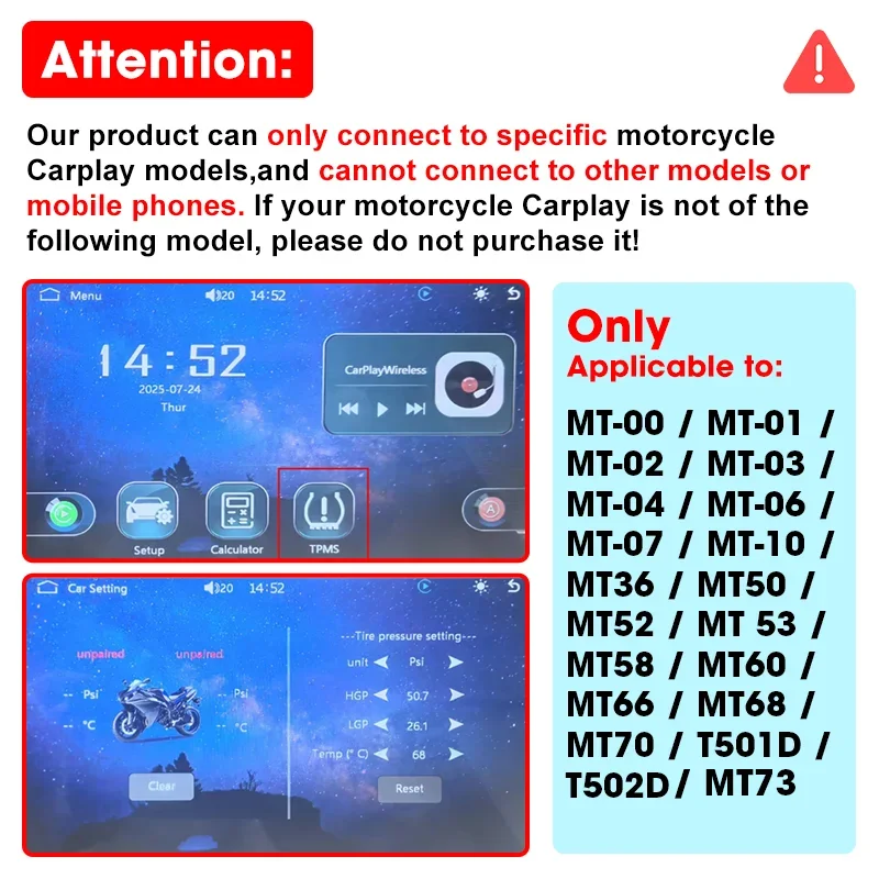 TPMS For Versions MT-00 OR MT-03 OR MT-04 OR MT-06 OR MT-07 OR MT-10 Motorcycle Navagation Tire Pressure Sensors