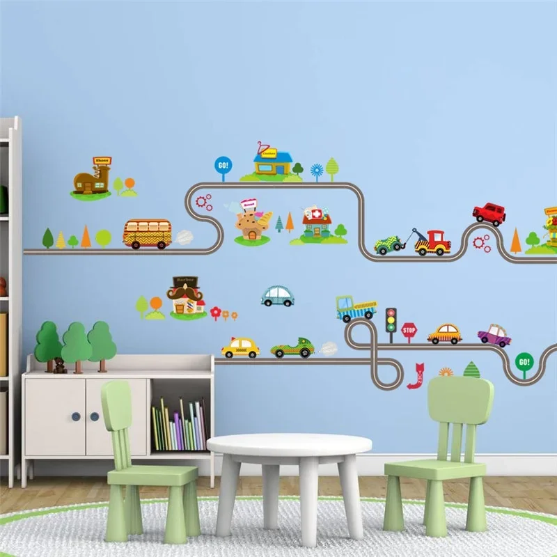 Pegatinas de pared de pista de carretera de coches de dibujos animados para habitaciones de niños, pegatinas de arte para decoración de dormitorio de sala de juegos para niños