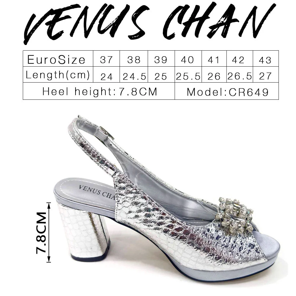 Venus Chan Italian Shoes and Bags Matching Set 2024 Women Heel Party for Silver Colour Italian Design Wedding Bigger Size Shoes