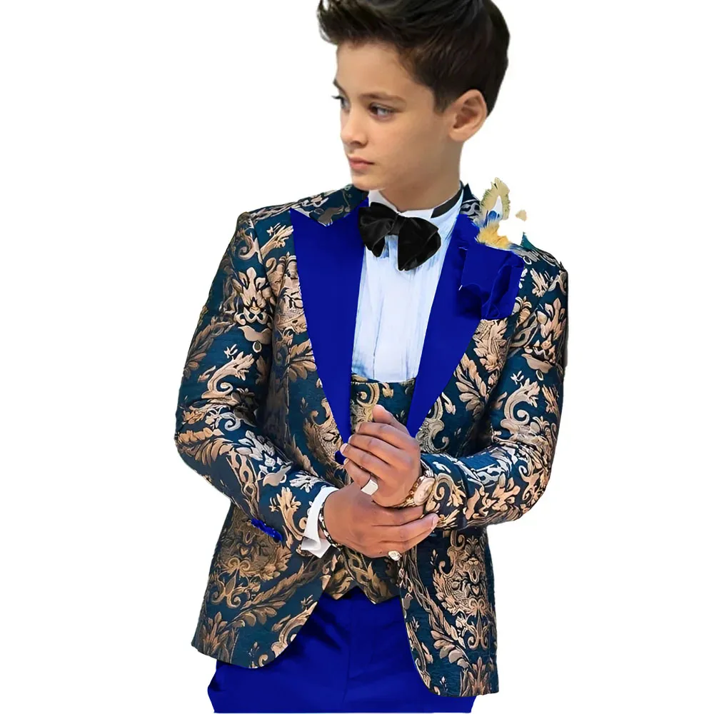 

Navy Blue Floral Boys Suit 3 Piece Suit Peaked Lapel Wedding Kids Tuxedo Jacket Pants Vest Formal Party Dress Custom Blazer Sets