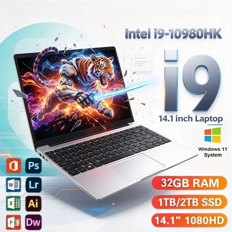 Intel i9-10980HK Premium Ultra-thin Laptop 2026 New PC Windows11 1/2TB Large SSD 14.1 Inch 16GB/32GB RAM