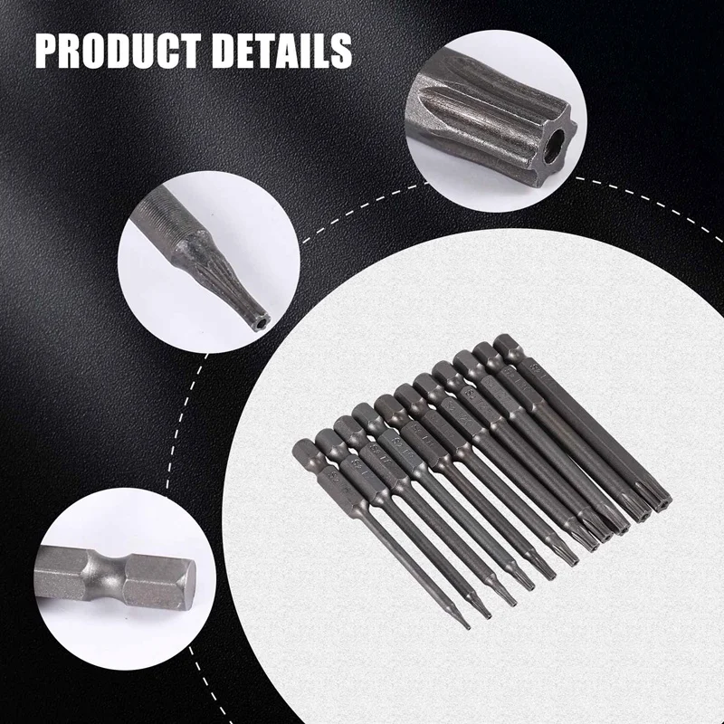 11 peças 75mm pontas de chave de fenda magnéticas de aço s2 cabeça torx hexagonal t6/t7/t8/t9/t10/t15/t20/t25/t27/t30/t40