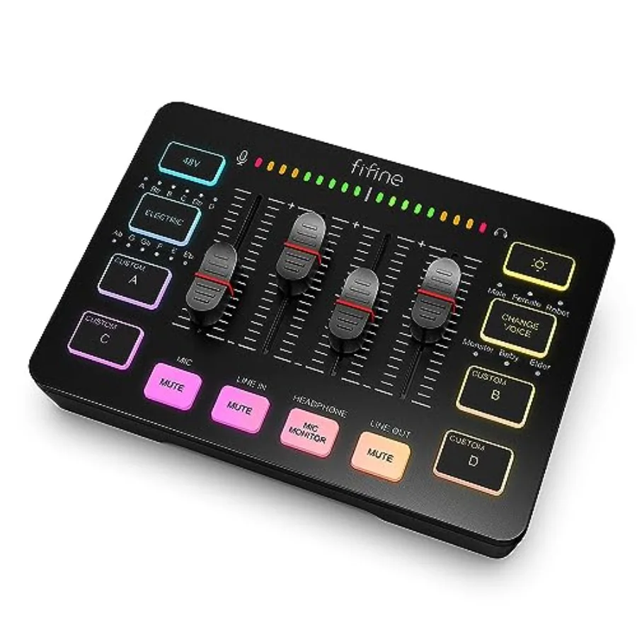 

Игровой аудиомикшер для стриминга с RGB-подсветкой, интерфейсом XLR для микрофона, индивидуальным управлением громкостью, кнопкой отключения звука и фантомным питанием 48В