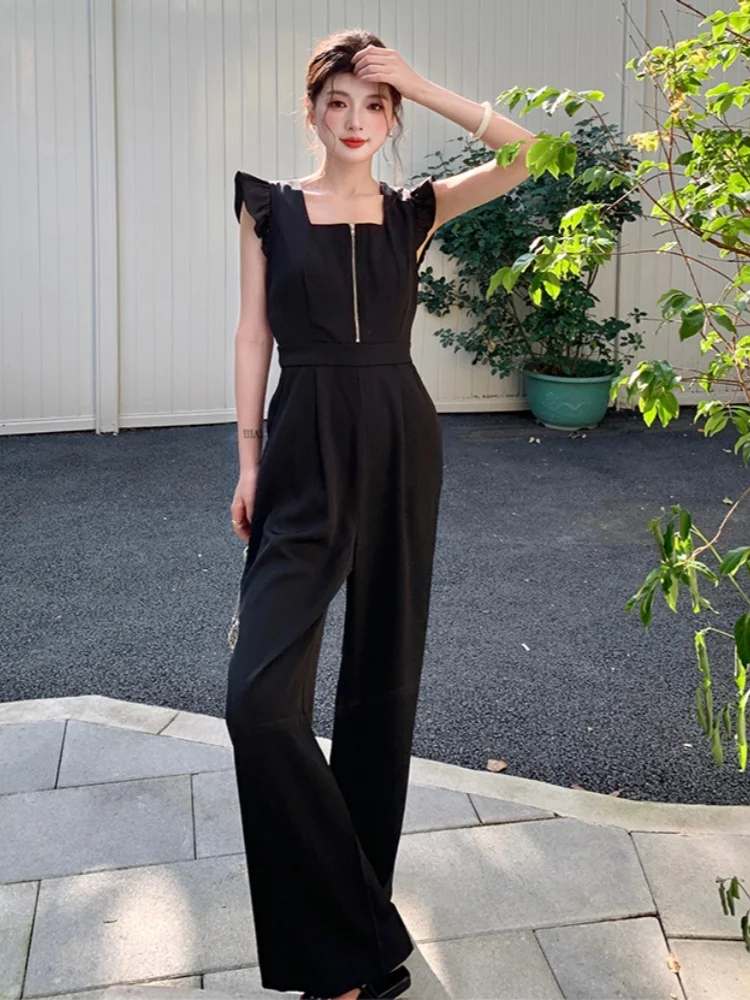 Tuta nera per donna Tuta estiva a gamba larga di fascia alta stile dea con vita sottile