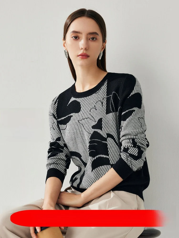 

Женская трикотажная футболка из смесовой шерсти MaoWenZhi, весенне-летняя верхняя одежда с длинными рукавами и круглым вырезом, повседневный топ с цветочной вышивкой