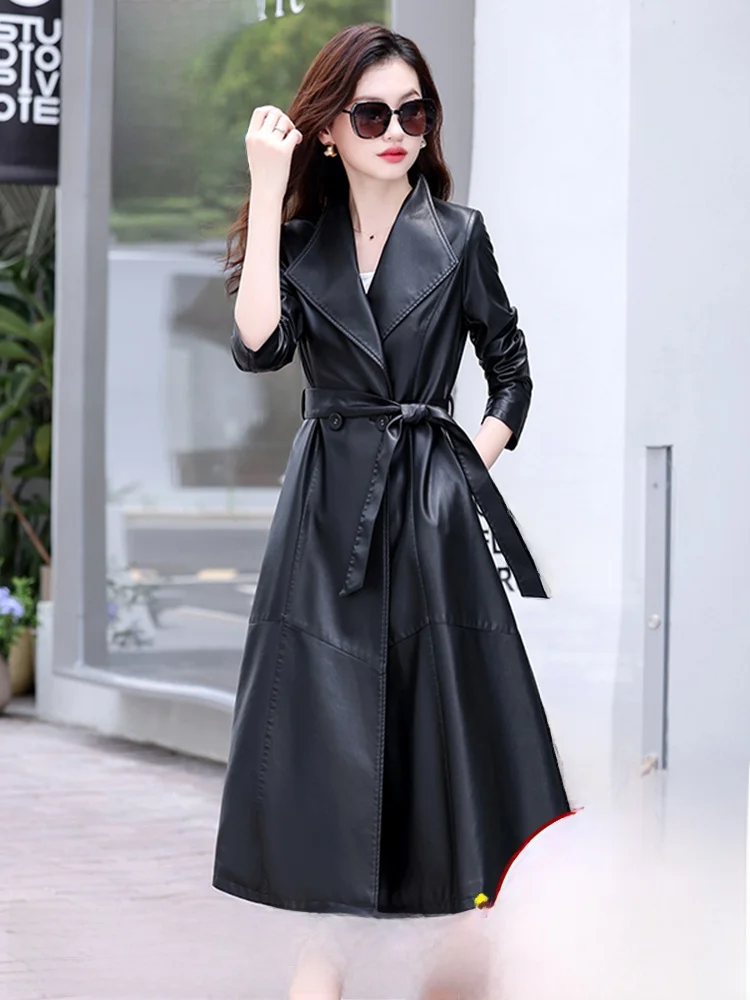 

Новая женская кожаная куртка-ветровка средней длины ниже колена, приталенная, из натуральной кожи, весна-осень, корейский стиль, 2025 год