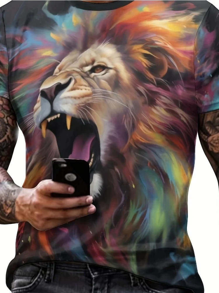 جديد رجل تي شيرت كول الأسد تاج ثلاثية الأبعاد مطبوعة الصيف الشارع موضة نمط علوي قصير الأكمام تيز الجولة الرقبة الرجال الصليب تي شيرت #5