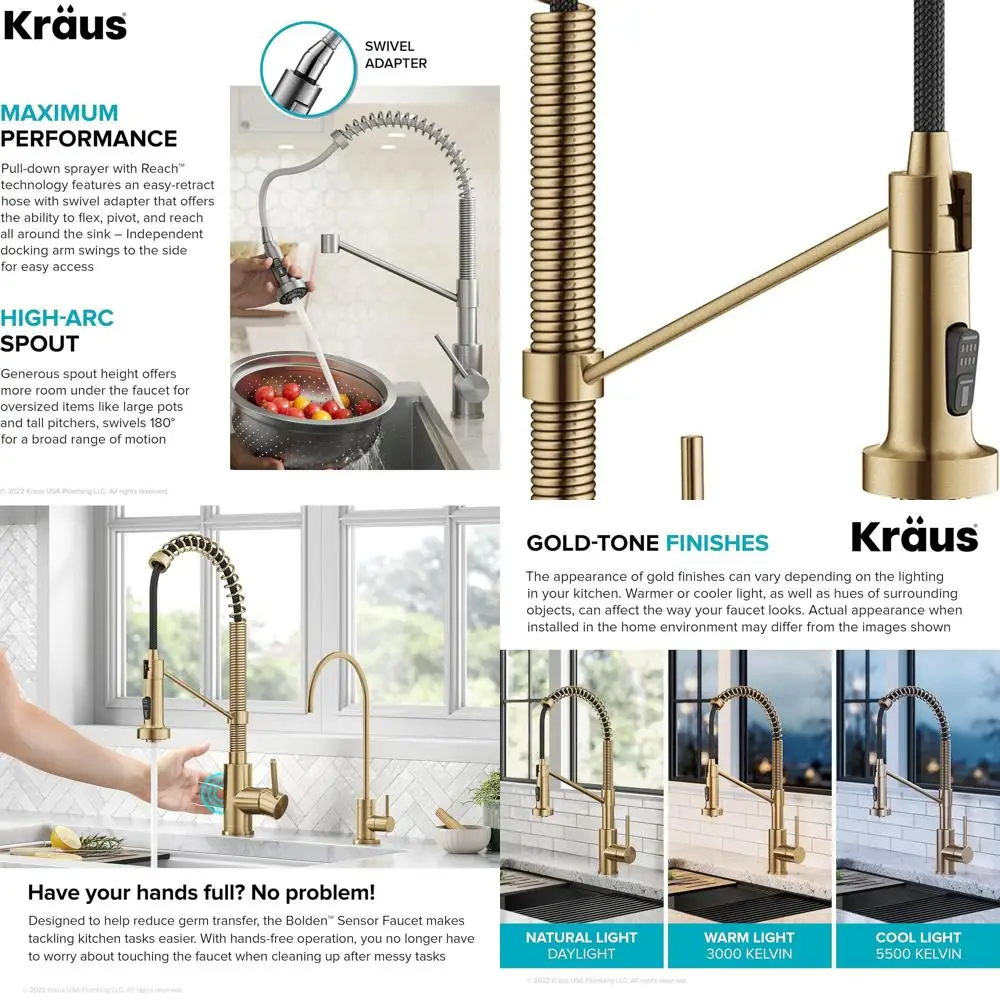

Touchless Sensor Commercial Single Handle Pull-Down Faucet in Spotless Brushed Brass, KSF-1610BB