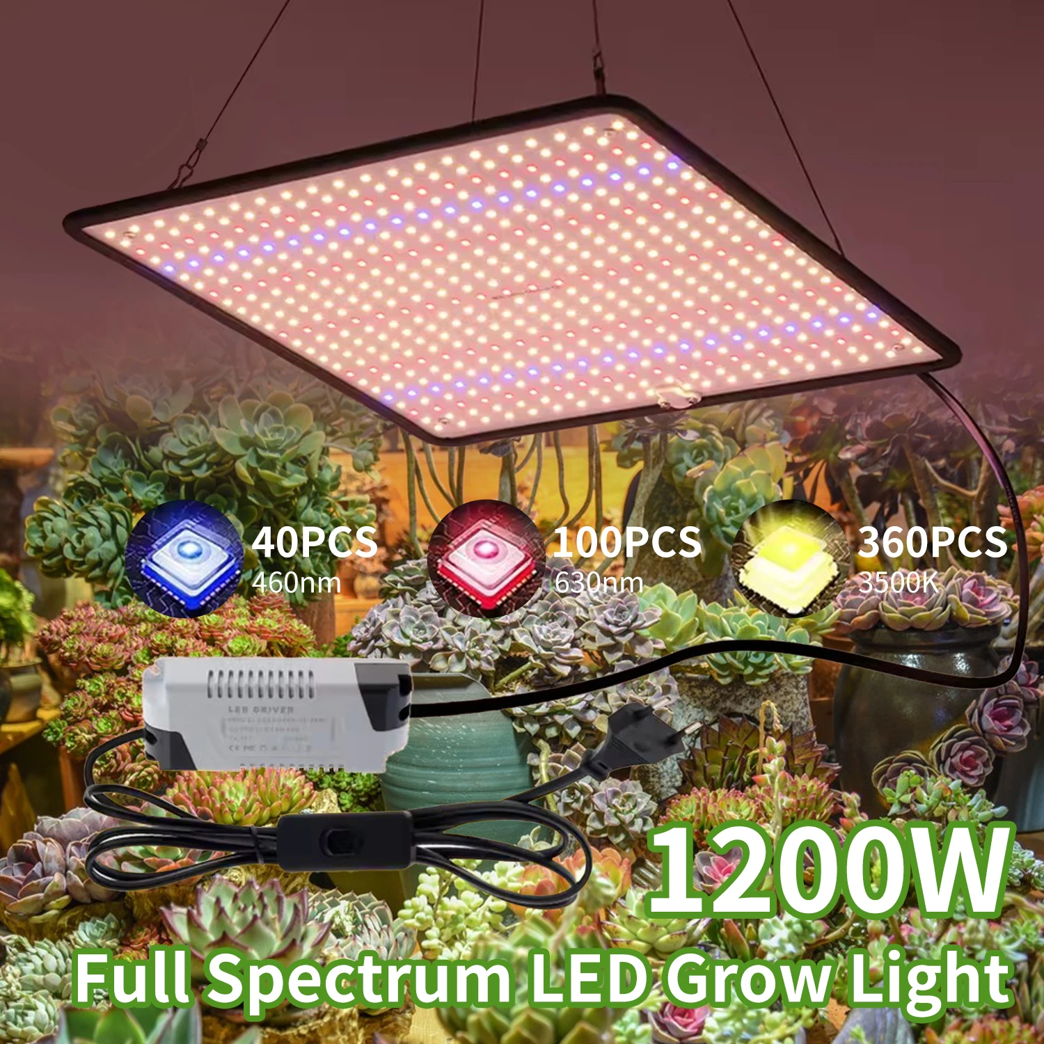 Lot de 2 lampes de culture LED 1200W à spectre complet, Phyto Lampe Greensindoor pour tentes de culture, panneau quantique pour la floraison, AC85-240V pour plantes d'intérieur
