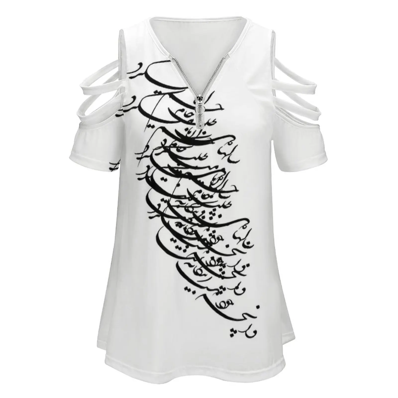 Persian Calligraphy Design Women Zipper Sexy Printed Vintage T Shirts Tops Full Print T-Shirt Calligraphy Persian Persia