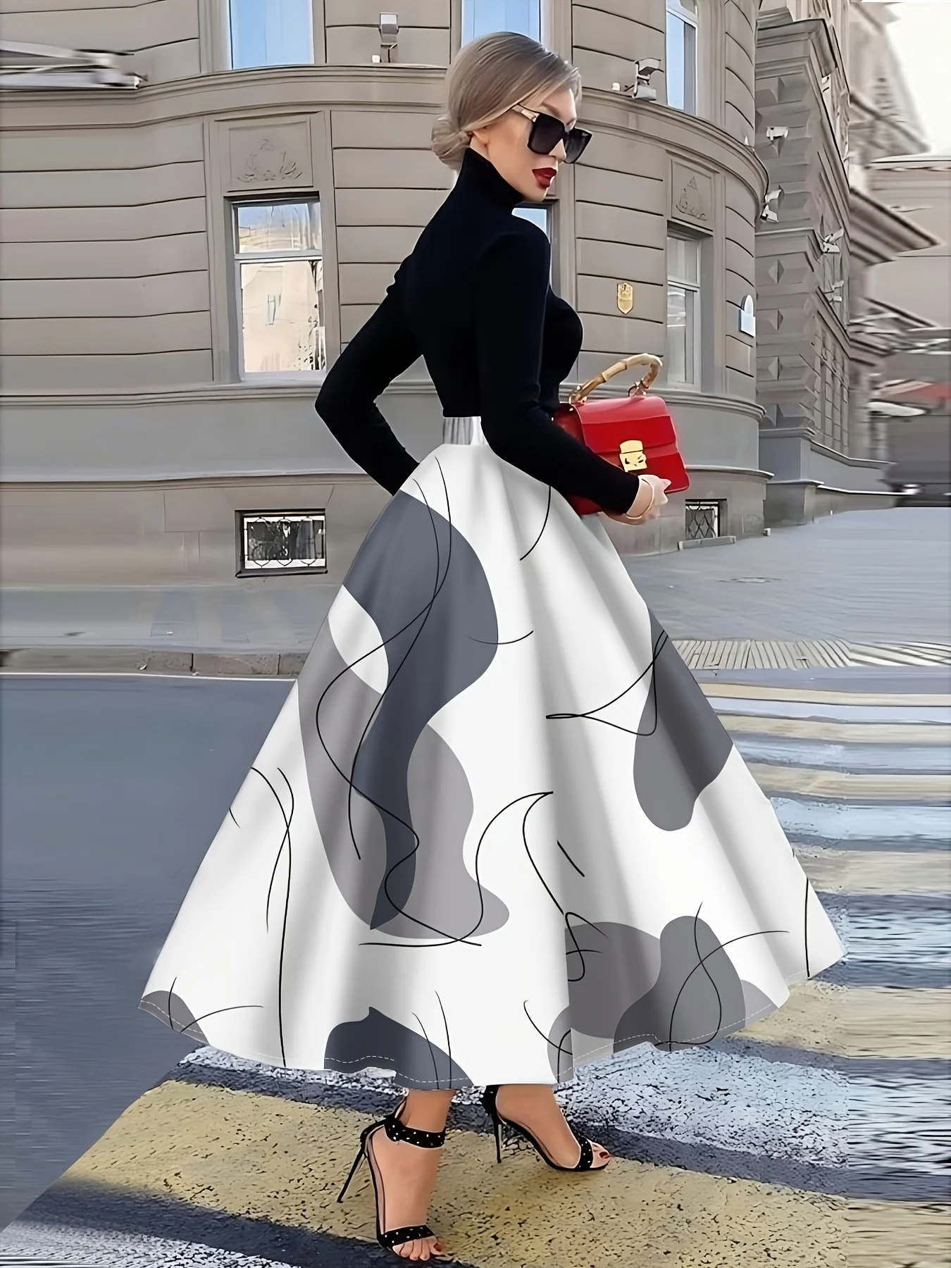 Printed Design Four Seasons Abstract Grey White Pattern Design Casual Style Half Skirt