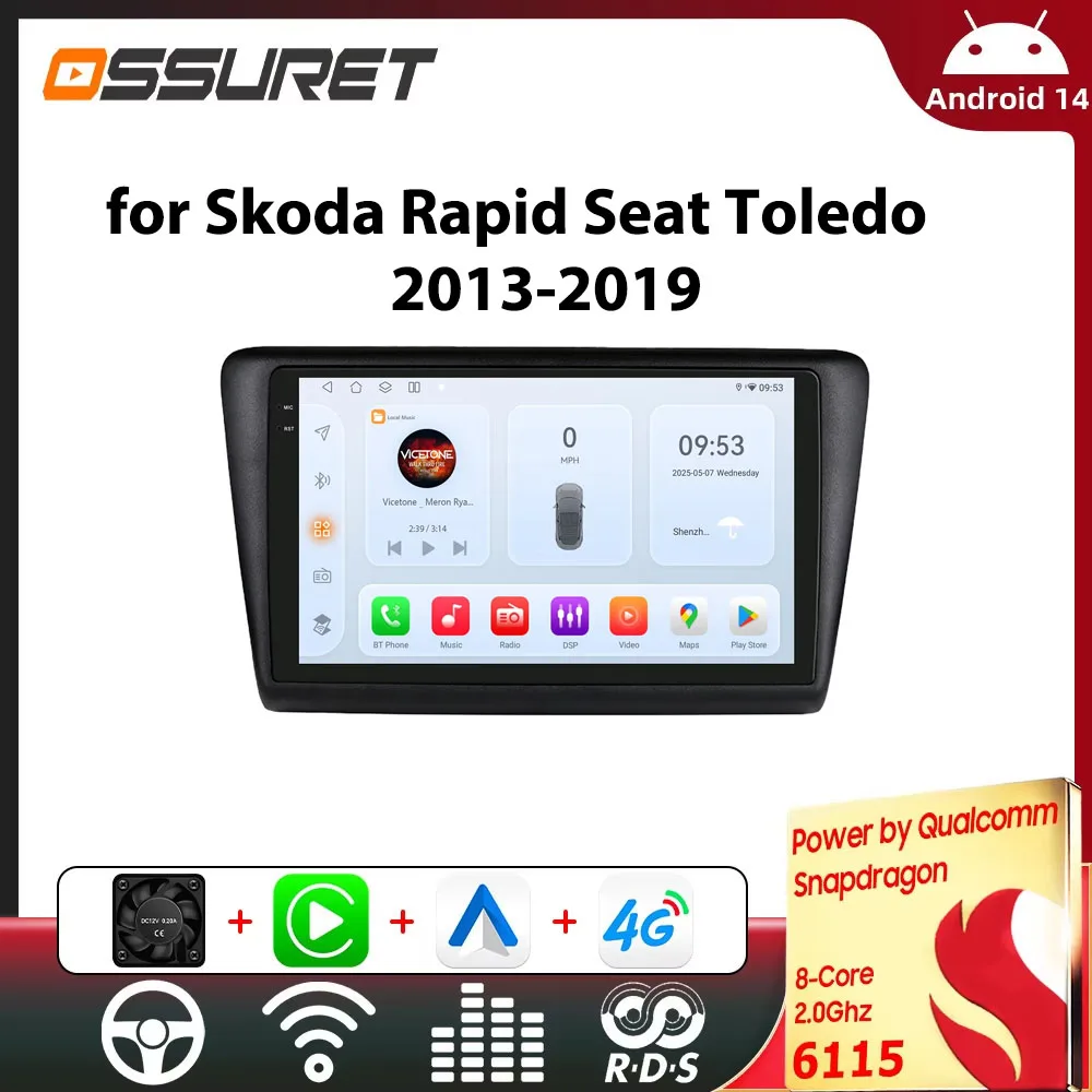 Auto-Intelligenter Bildschirm für Skoda Rapid Seat Toledo 2013–2019 Android 14 Carplay 2 DIN-Stereo-GPS-Autoradio von Snapdragon 6115