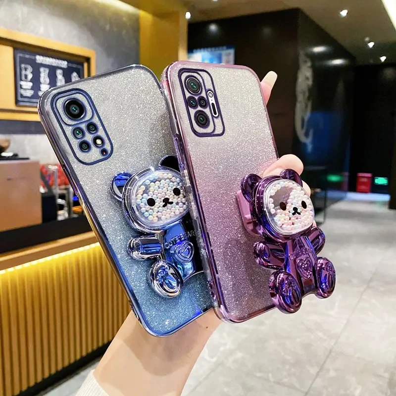 Redmi 13c 4G 5G Cute Bear Holder Bracket Glitter Plating Case On For Xiaomi Redmi 13c 9c 9 9a 10 10a 10c 12 12c 9at Stand Cover