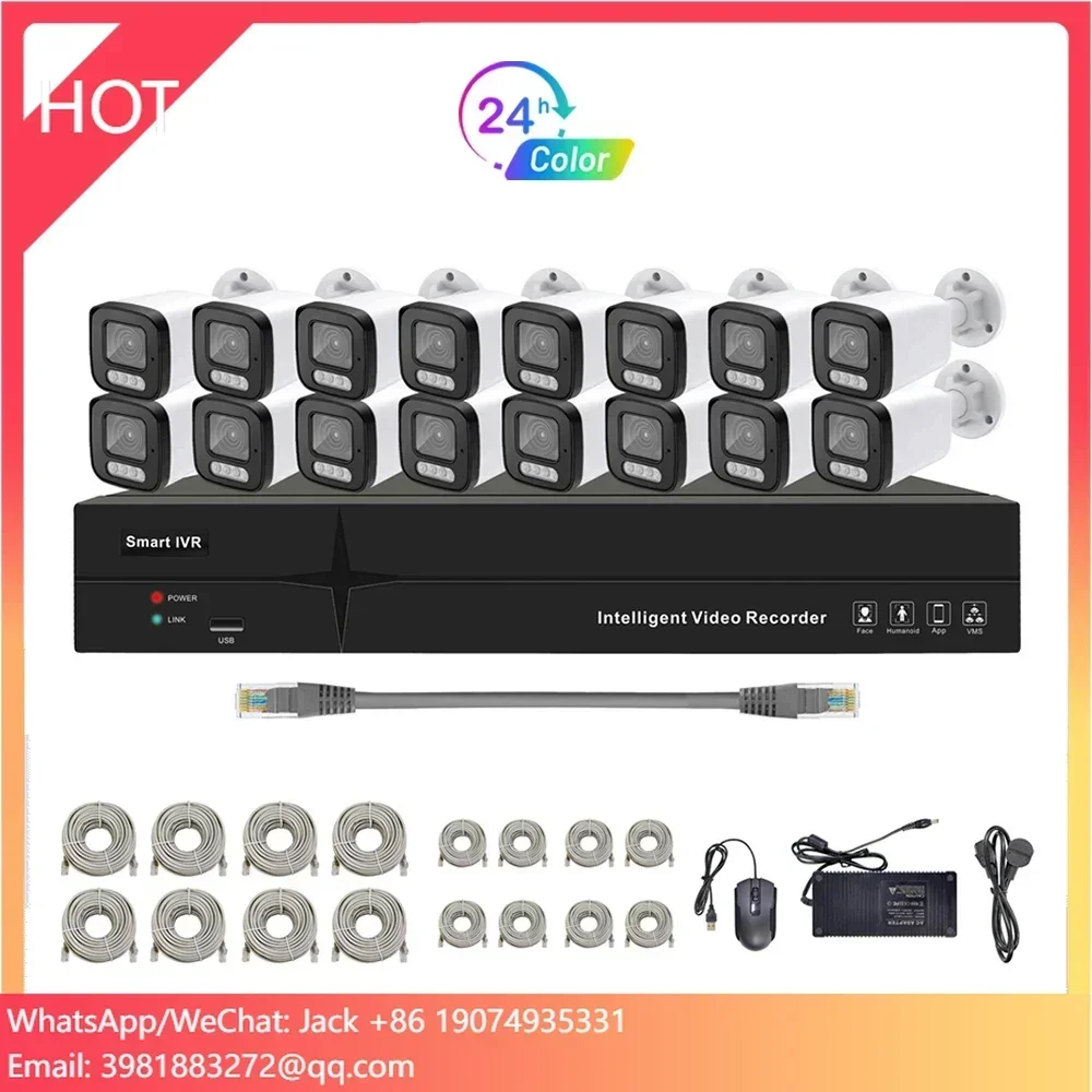

2025 New Security Camera System Blacklight Outdoor Bullet Camera 16ch 4K 8MP POE NVR 24/7 Color Video Audio Surveillance Kit