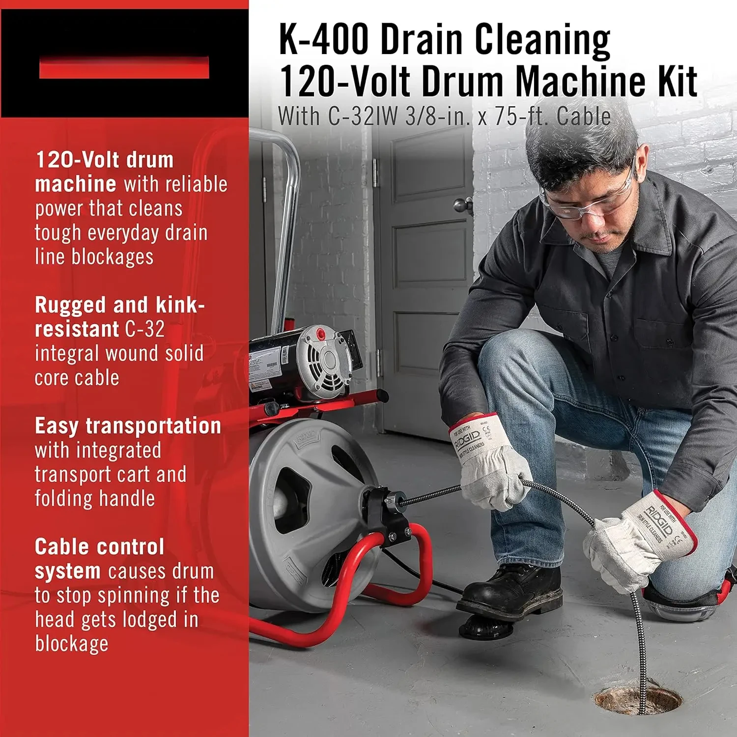 RIDGID 52363 Model K-400 Drain Cleaning 120-Volt Drum Machine Kit with C-32IW 3/8