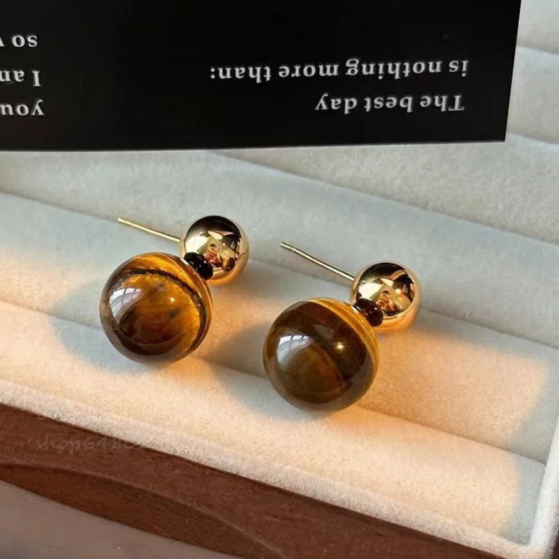 

New in Classic Retro Luxury Double Ball Tiger Eye Stone Earrings Light Luxury Double Circle Gloss Earrings Banquet Jewelry
