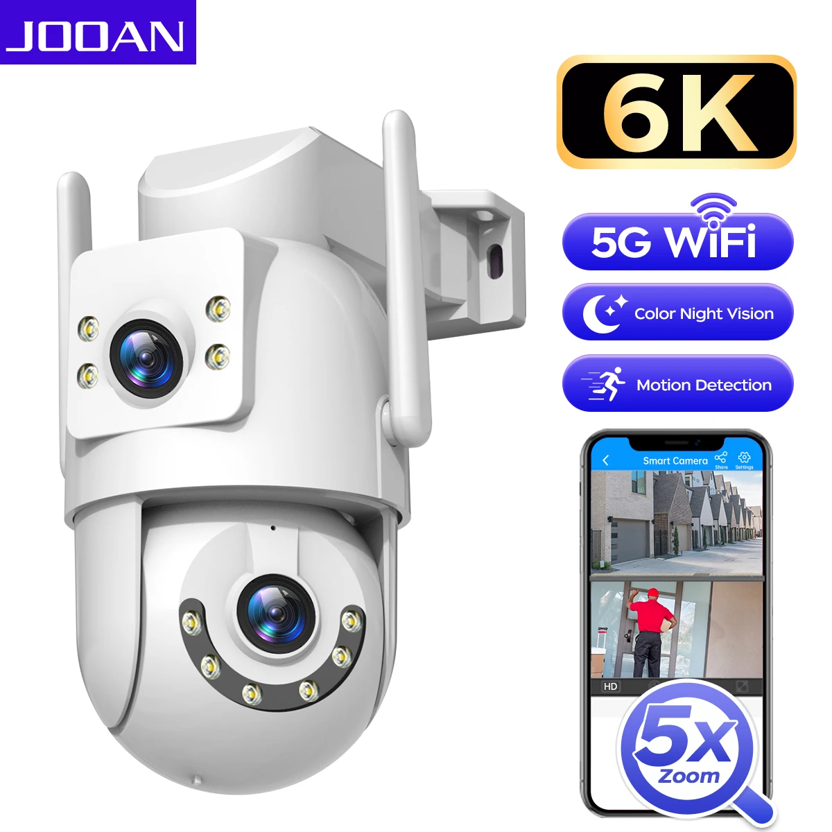 Jooan 6K 10MP WiFi Surveillance Camera,Dual Lens Dual Screen,5X Digital Zoom,Auto Tracking,ONVIF, Outdoor Security PTZ IP Camera