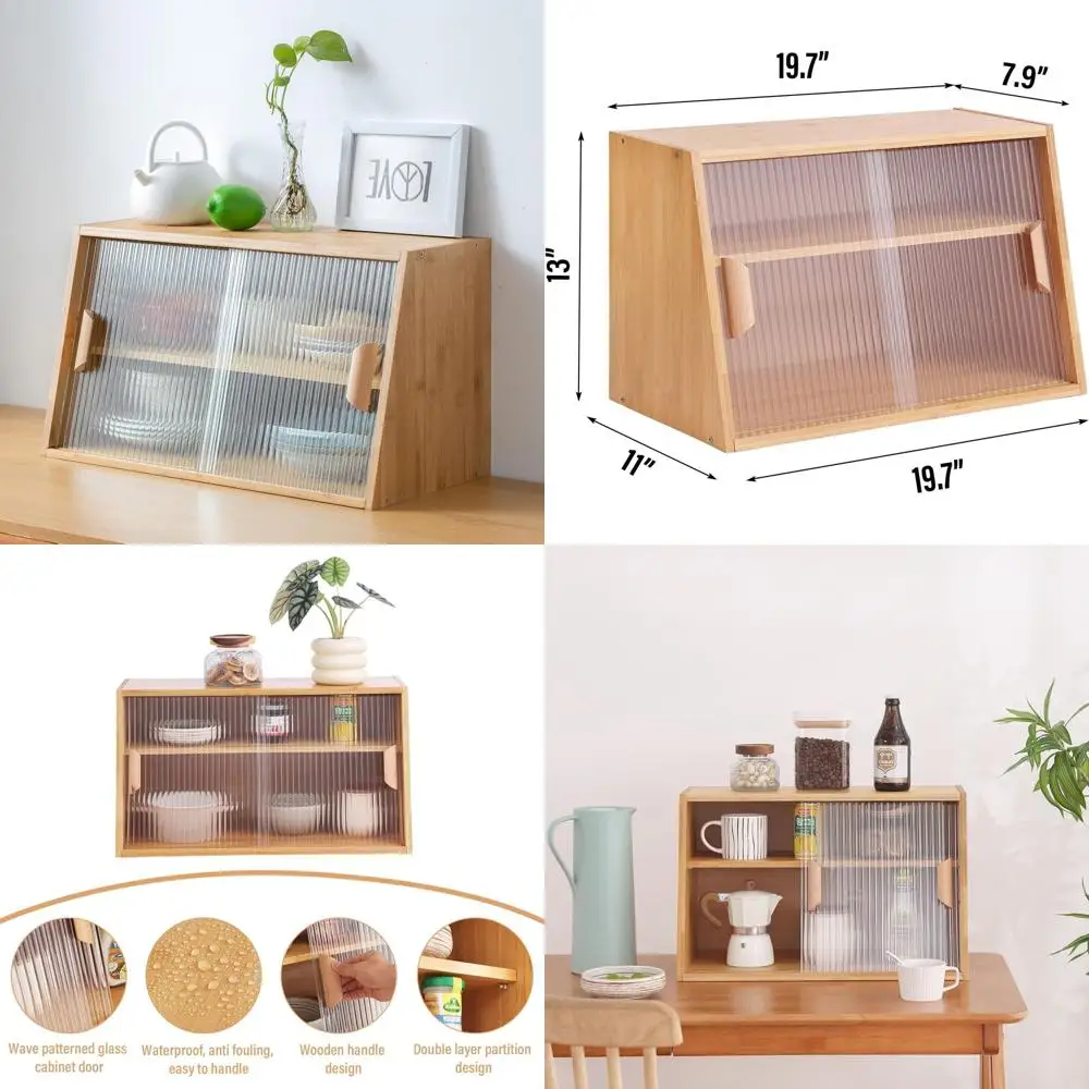 

Bamboo Kitchen Pantry with Glass Doors, Tiita Style Cabinet for Food Storage in Dining and Living Spaces