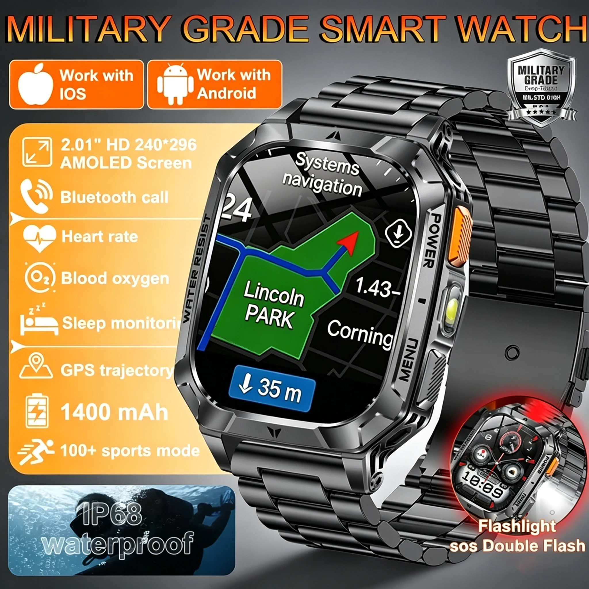 Hot Rugged Outdoor Smart Watch 1400mAh 2.01" HD Screen Bluet