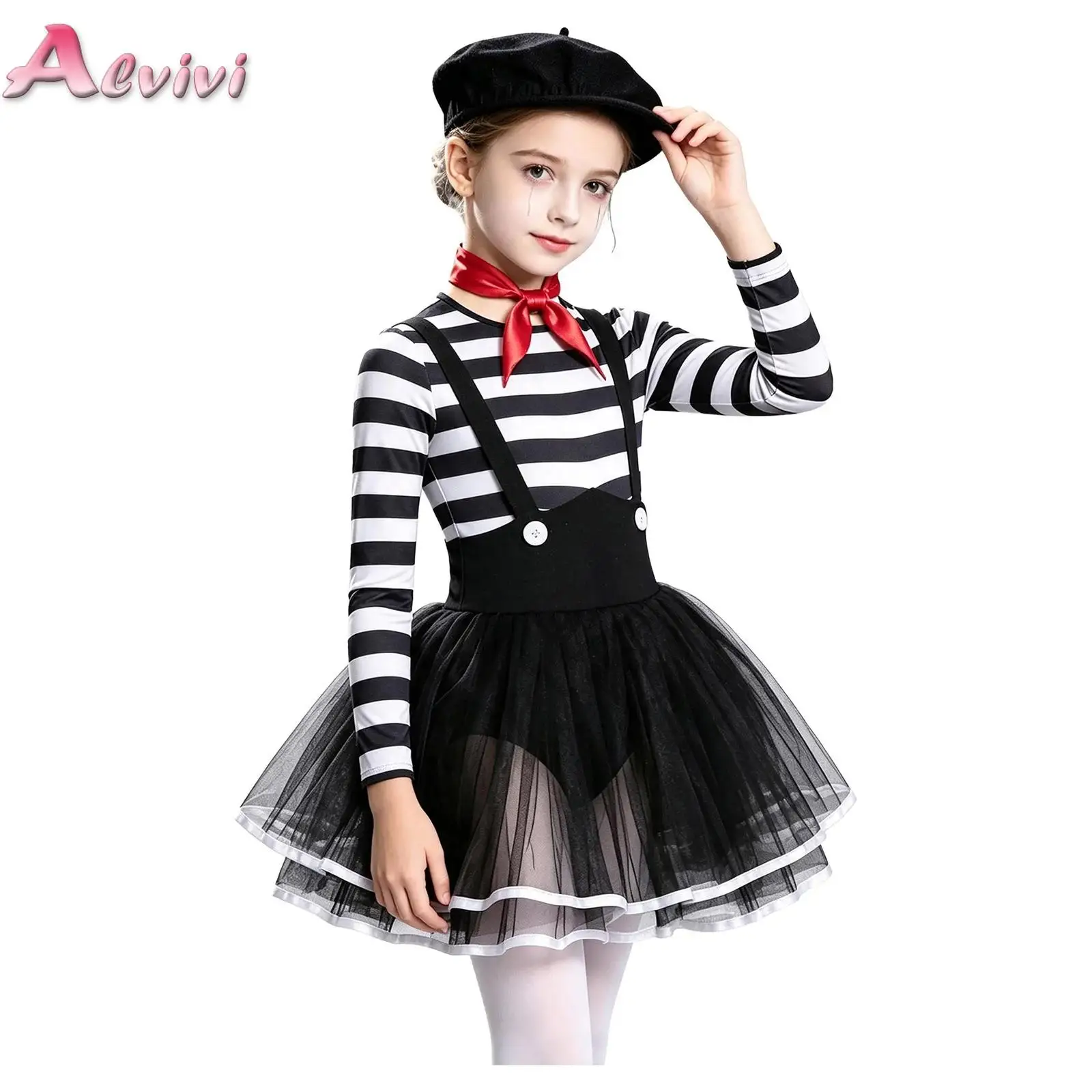 Kids Girls Circus Clown Outfit Long Sleeve Layered Ruffled Tutu Skirt Dress with Hats for Carnival Rave Party Masquerade