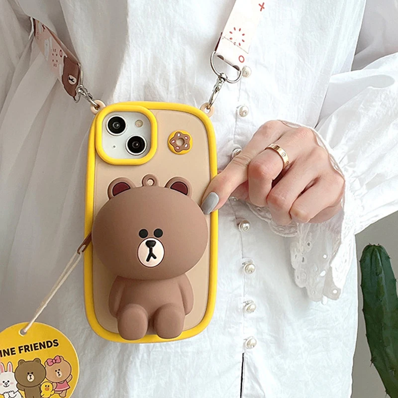 Line Friends Iphone 15Pro Mobile Phone Case Anime Brown Coin Purse Mobile Phone Case Cartoon Cell Phone Protective Case Gift