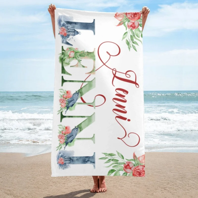 Newest Beach Towel Watercolor Floral Bird Monogram Name Print Soft Microfiber Beach Towel Wedding Pool Towel