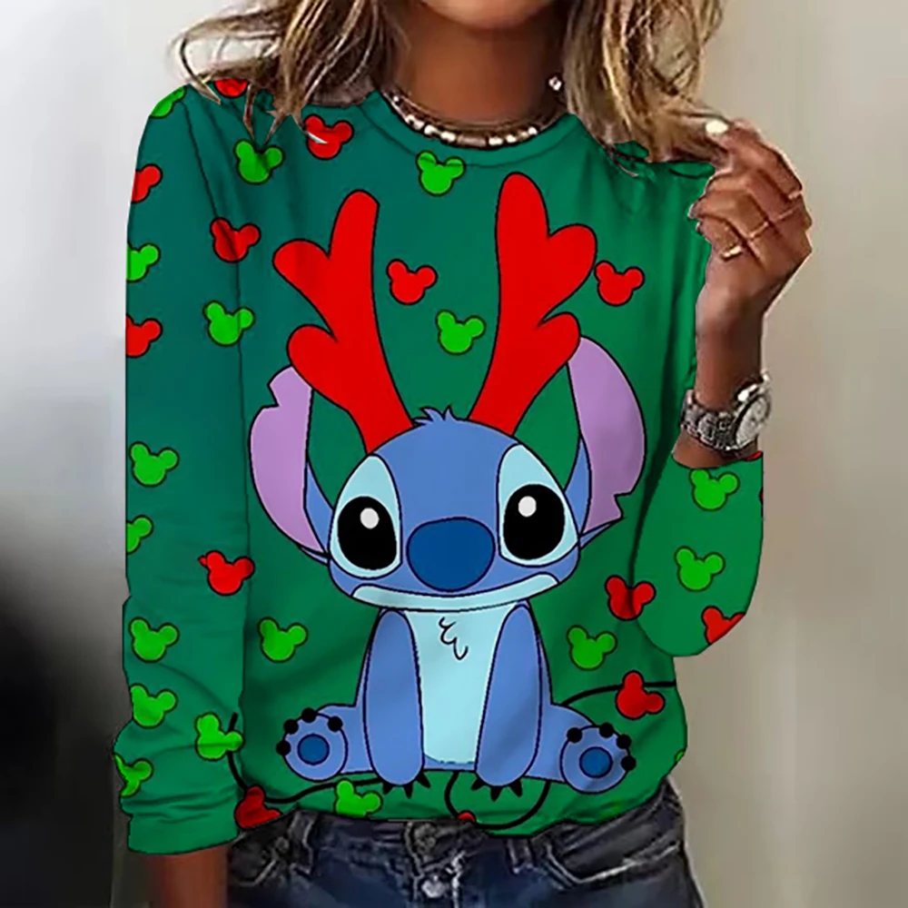 جديد عيد الميلاد الربيع والخريف المرأة ديزني ليلو وستيتش مطبوعة موضة عادية كم طويل الجولة الرقبة فضفاض تي شيرت المرأة #4