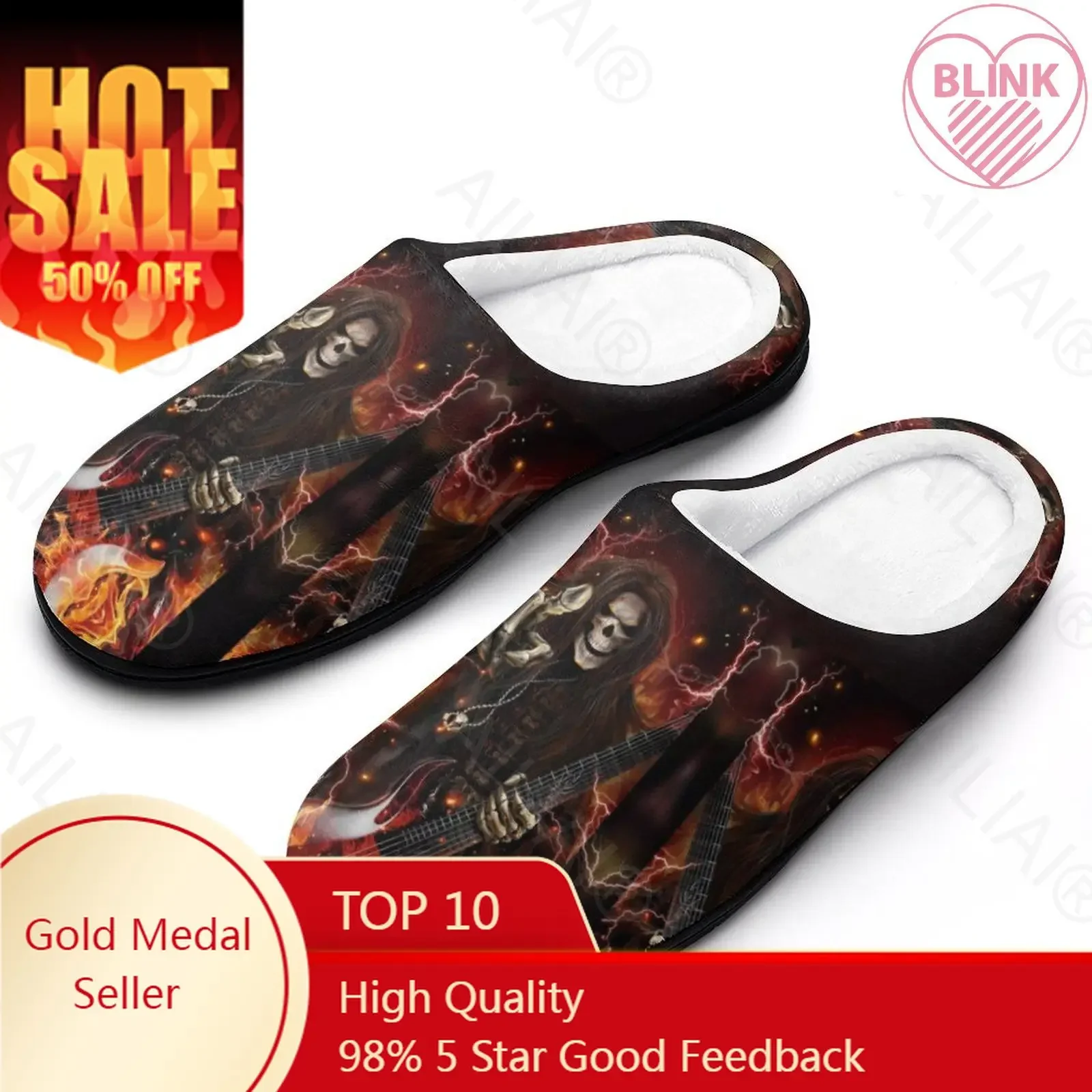 Heavy Metal Rock Skull Guitar Grim Reaper Gothic 4 Sandals Plush  Casual Keep Warm Shoes Thermal  Mens Womens Slipper Ladies A