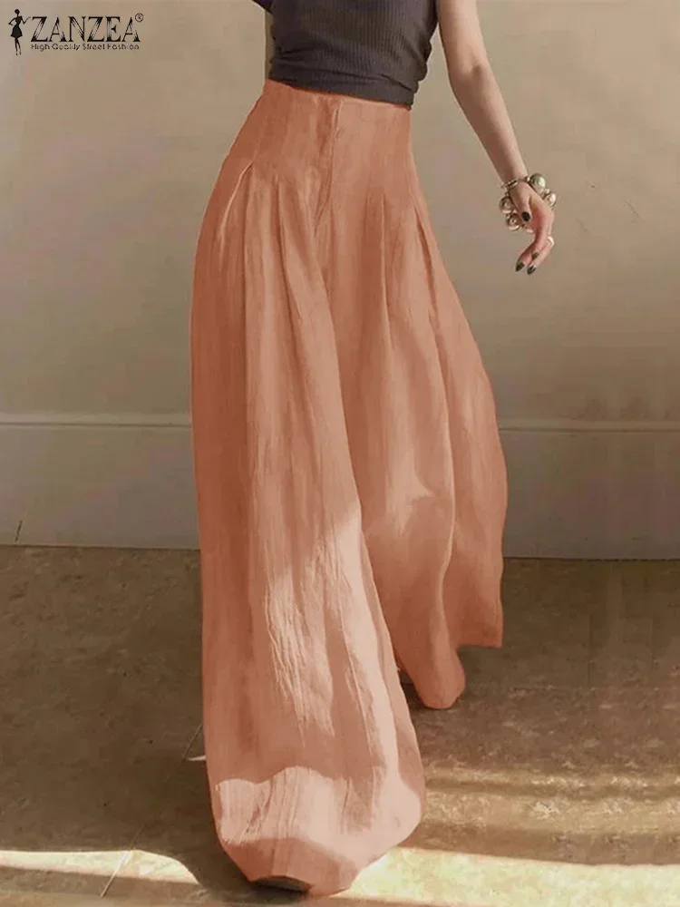 ZANZEA Pantaloni eleganti a gamba larga 2025 Pantaloni estivi da donna in tinta unita Pantaloni larghi casual con pieghe a vita alta