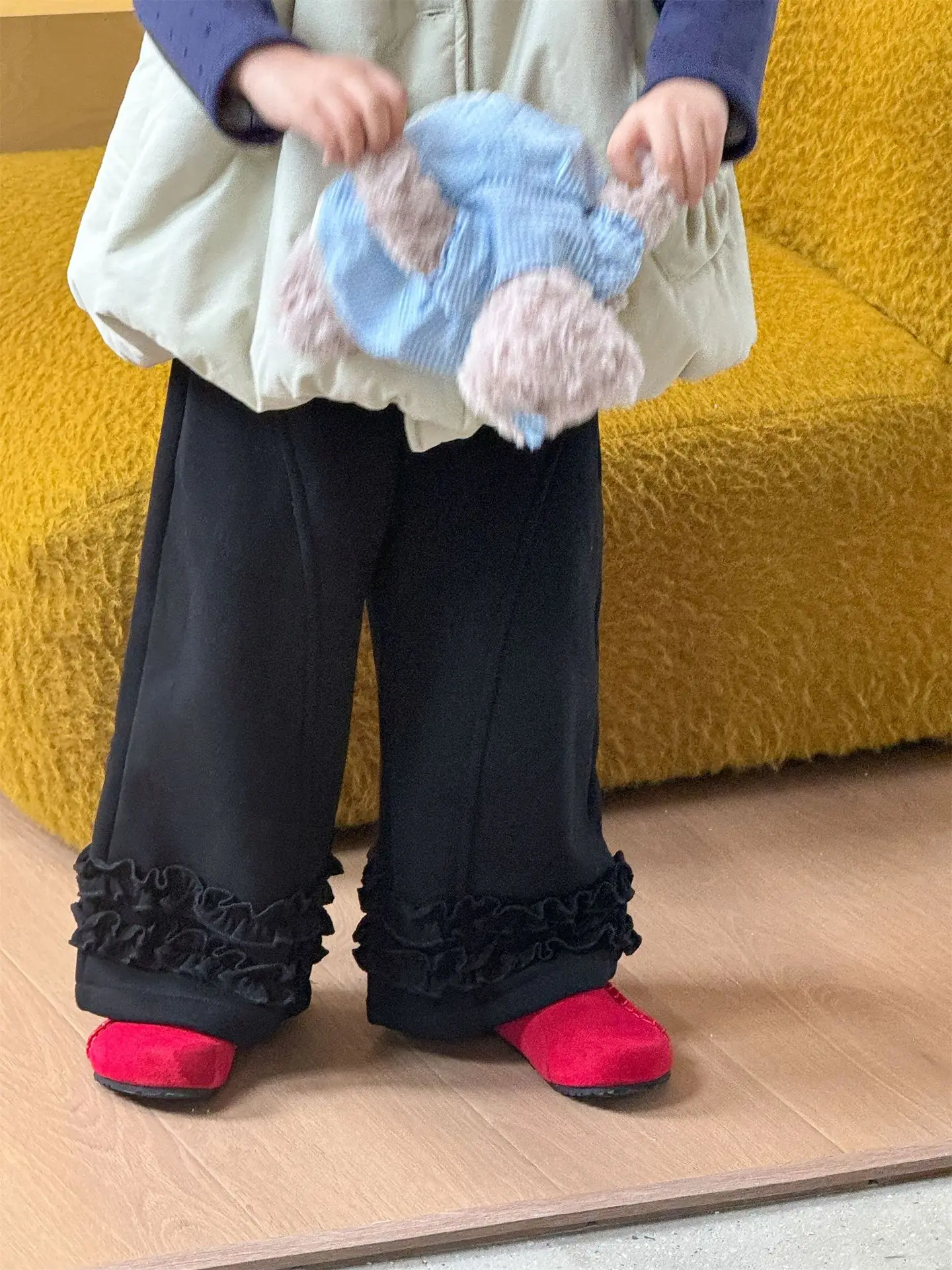 2025 الفتيات الكورية الخريف والشتاء جديد بلون الدانتيل التخسيس تنوعا واسعة الساق السراويل زائد المخملية السراويل المستقيمة بوتيك #6