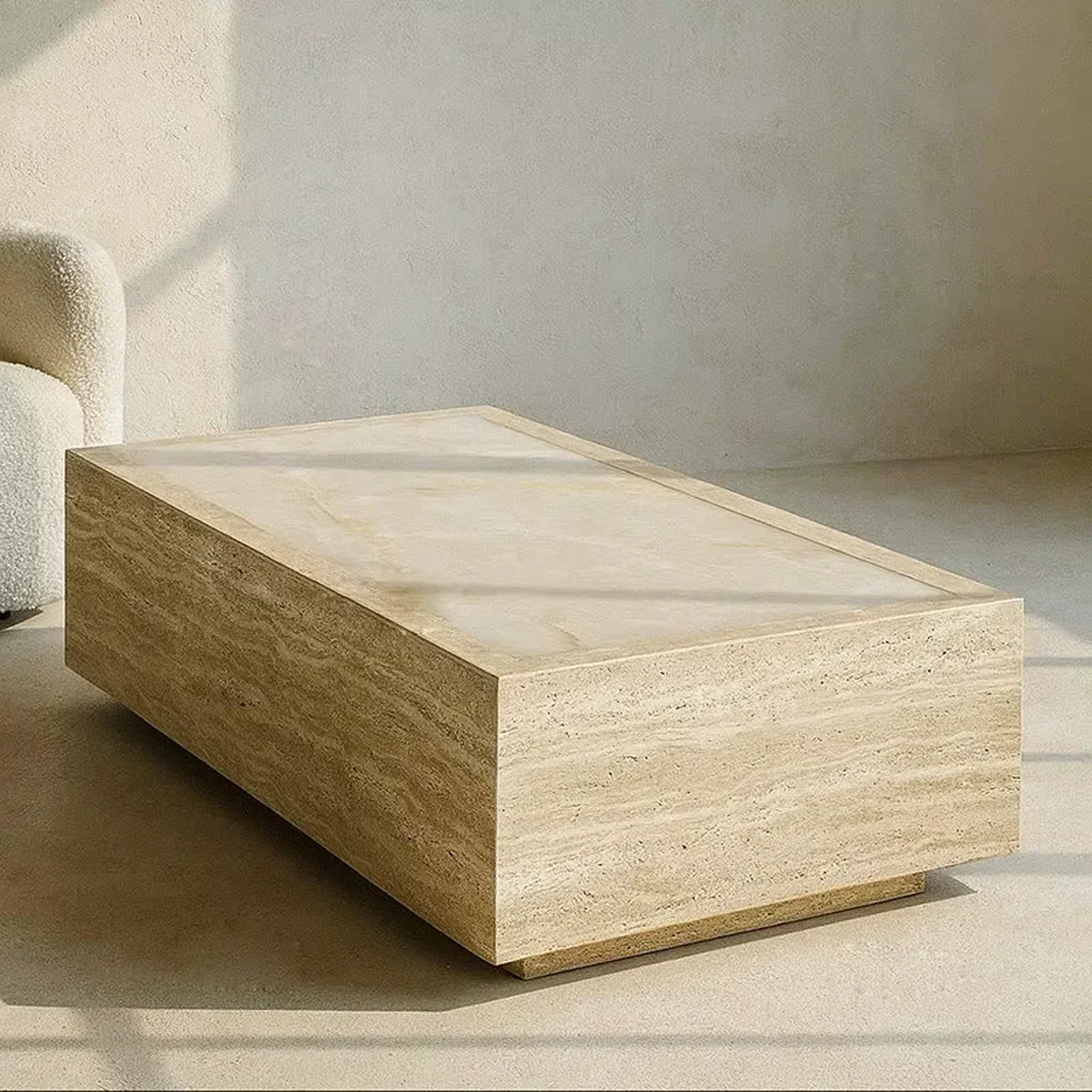 Luxury Travertine & White Onyx Coffee Table Set Insert Stone Living Room Furniture Decor Design Modern Minimalist Style