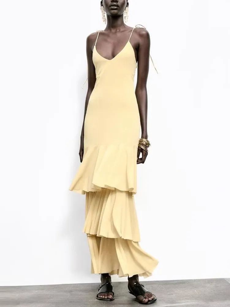 Vestido Midi F E com Decote em V, Novo Estilo com Decoração em Camadas, Coleção Primavera Verão 2025, Cintura A...