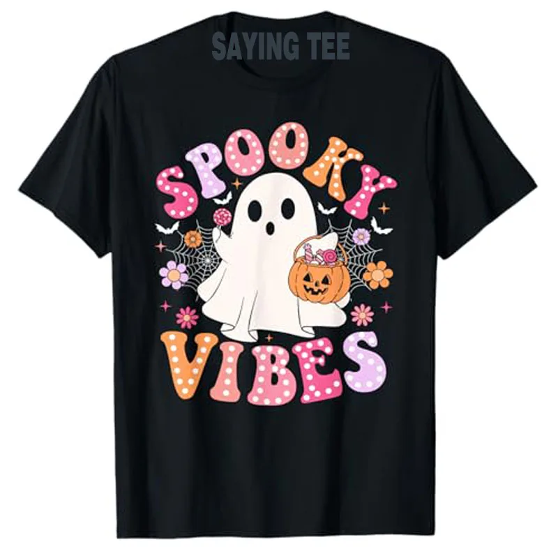 

Spooky Vibes Ghost Retro Groovy Halloween Women Girls Kids T-Shirt Gift Humor Funny Cute Halloween Party Costume Saying Tee Tops