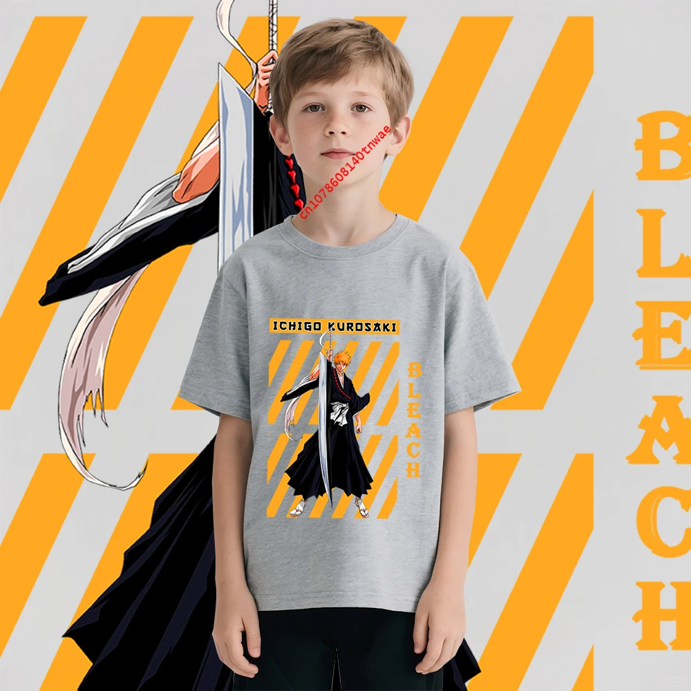 Bleach Ichigo Kurosaki Anime Print Cotton T Shirt for Boys Cartoon T shirts Kids Short Sleeve Tee Childrens Clothing view 4