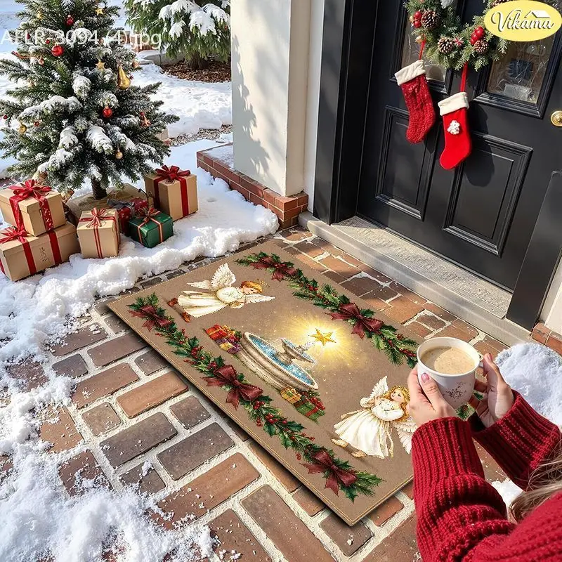 VIKAMA Green Penguin Family Icicle Entryway Rug Non Slip Low Profile Mats for Outside Front Door Xmas Winter Decor Soft