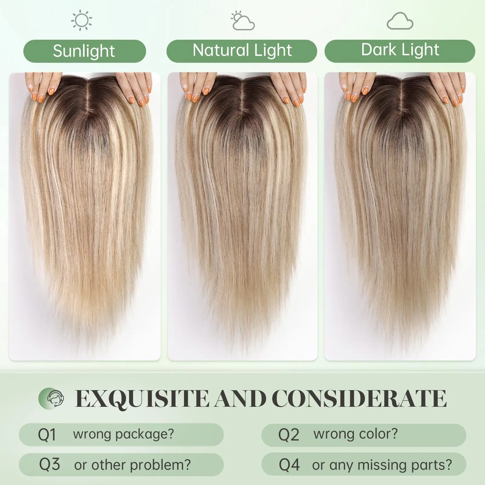 Topper Rambut Manusia Lurus 16 Inci, Pirang Muda dengan Ujung Gelap, untuk Wanita, Ekstensi Rambut, 3 Jepitan