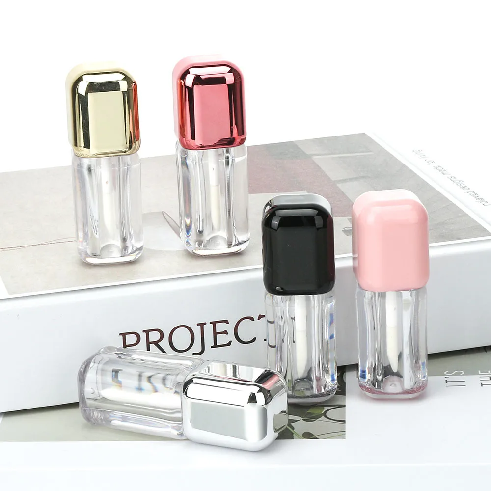 

5ml Pink Square Thick Barrel Lip Gloss Tube, Transparent Cosmetic Container with Gold Silver Cap, Empty Refillable Packaging