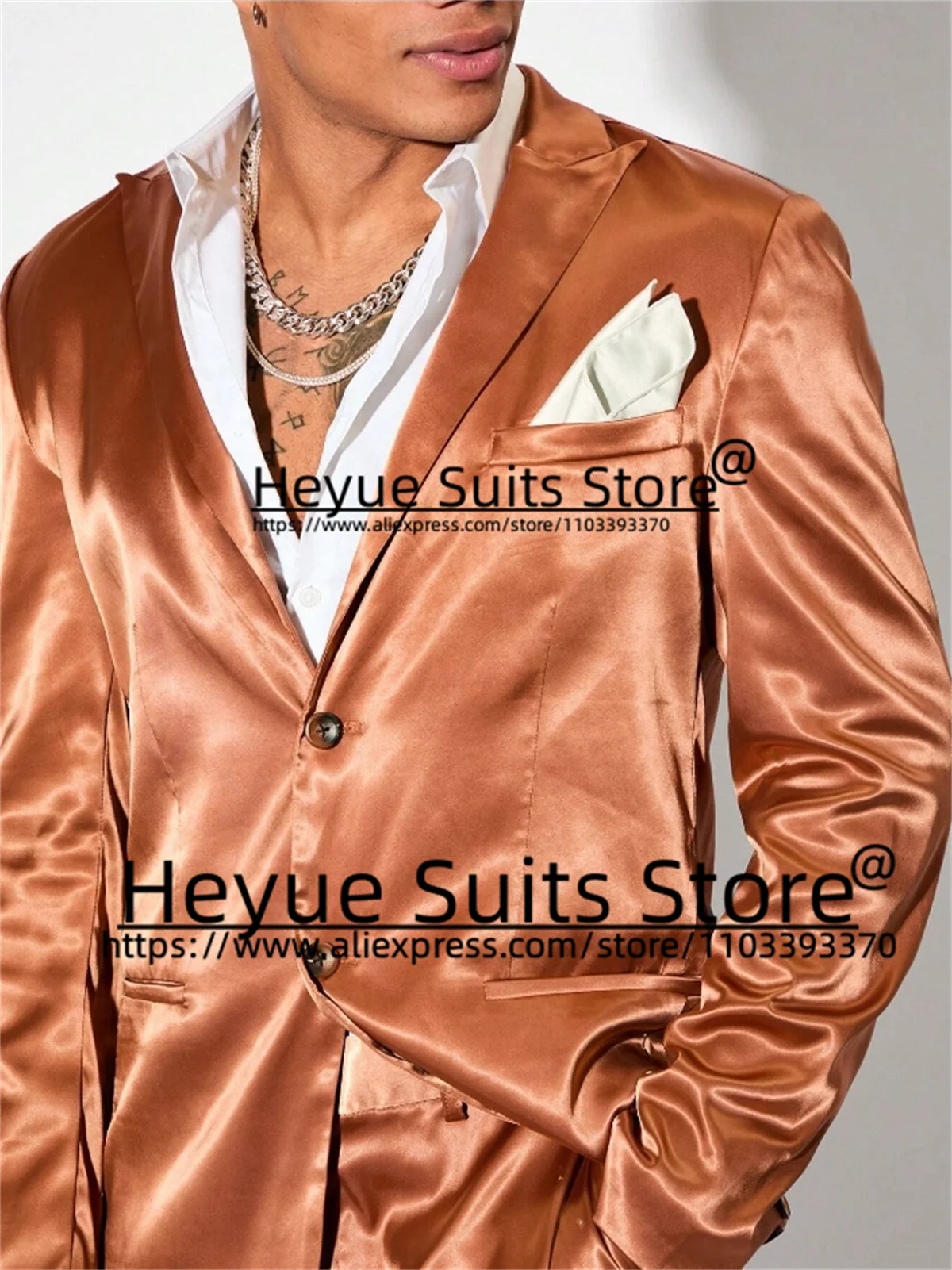 Shiny Orange Silk fabric Men Suits Slim Fit Peak Lapel Groom Formal Tuxedos Prom 2 Pieces Sets Elegant Male Blazer Costume Homme