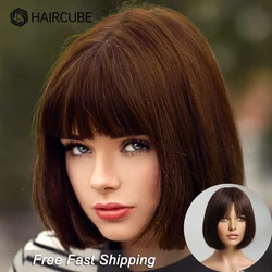 HAIRCUBE-Bob marrom escuro peruca de cabelo humano com franja para mulheres, curto, reto, natural, perucas