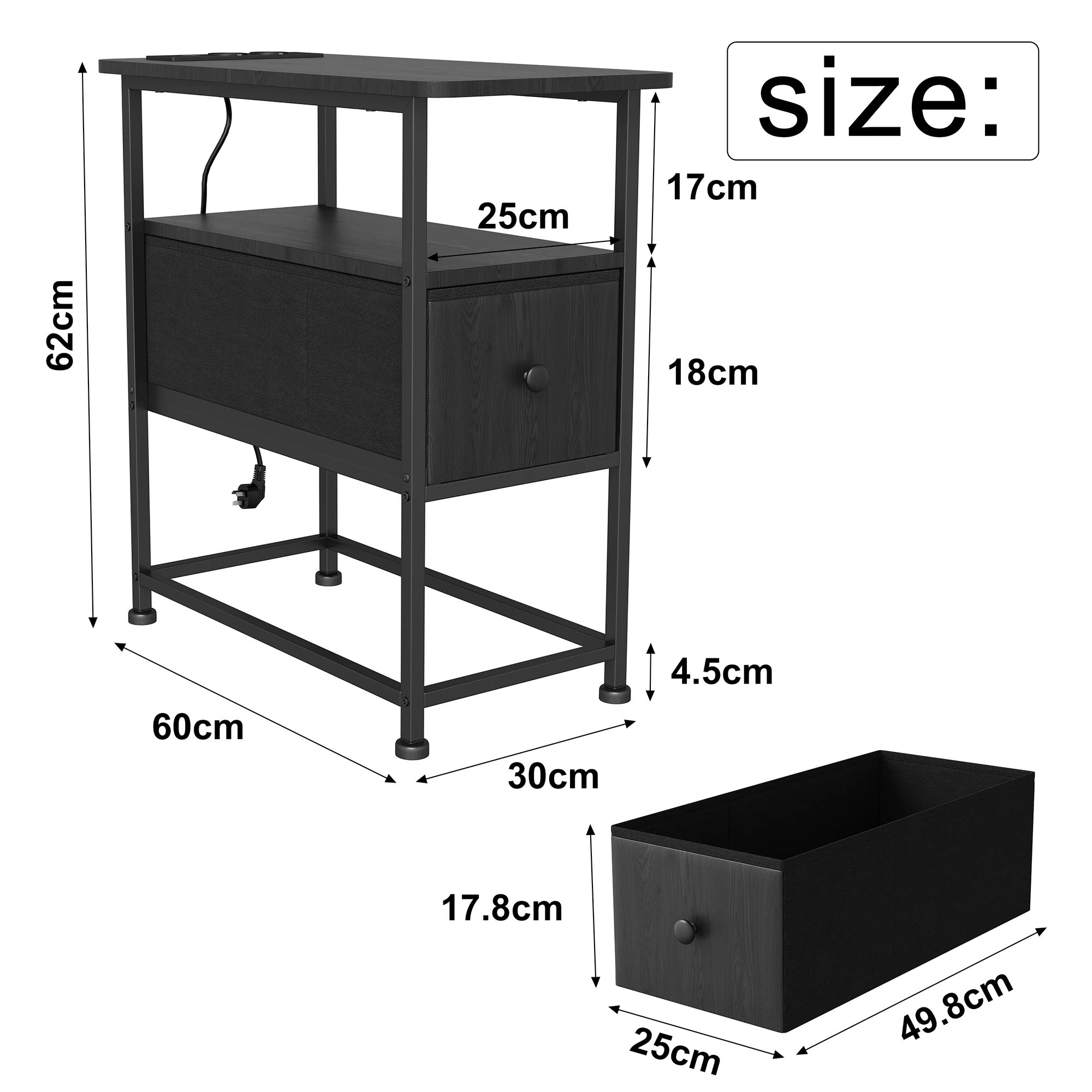 Comanlai Simpele Sofa- bijzettafel met lade, woonkamer bijzettafel, slaapkamer nachtkastje met 2 AC-aansluitingen en 2 USB-poorten