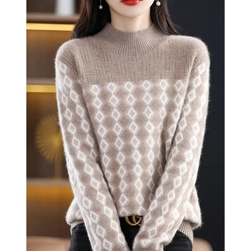 New Autumn Fashion Trend Fireworks Plaid Jacquard Half High Collar Colored Versatile Loose Relaxed Slim Style Women\'s Sweater