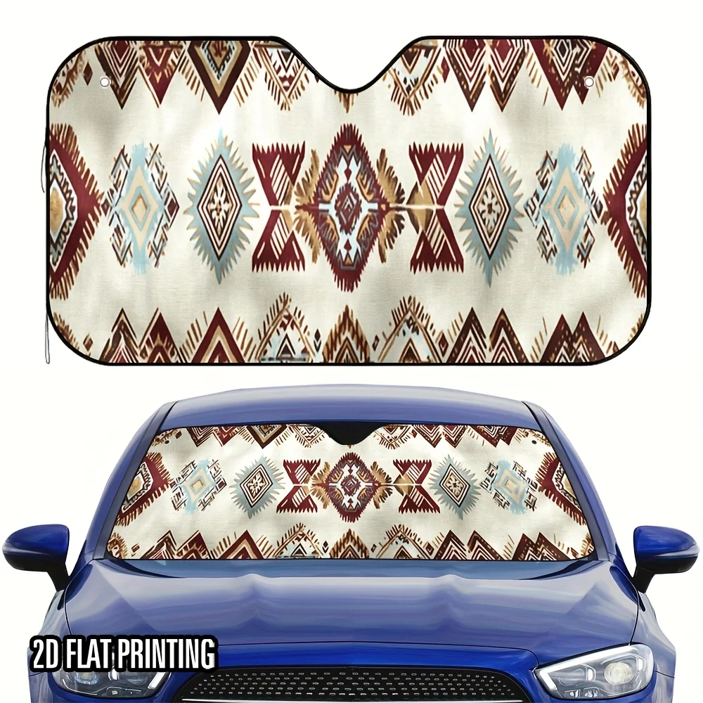 1pc 2D Flat Geometric Ethnic Design Car Sunshade - 4 Suction Cups Included, Foldable For Easy Storage, Keeps Car Cool, Perfect F