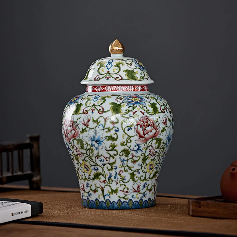 Modern Enamel Painted Flower General Jar Ceramic Sealed Tea Jar Gilded Art Decorative Jar Crafts Storage Bottle Home Decoration