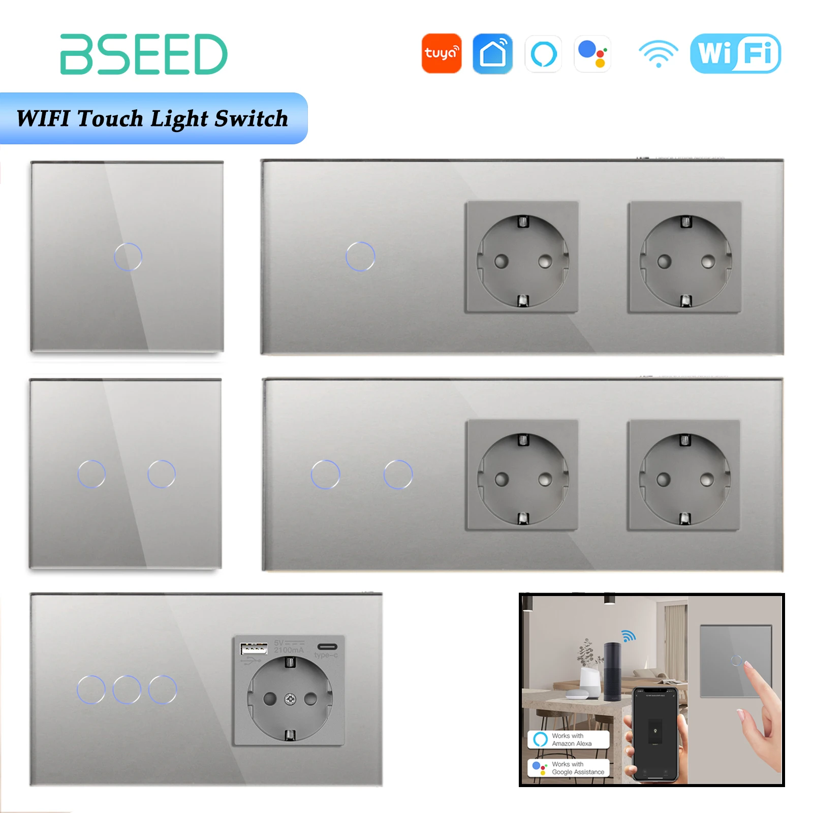 Умные настенные выключатели BSEED Wi-Fi, 1/2/3-клавишные, 1/2/3/4-позиционные, сенсорные, с обычной розеткой, поддержка Tuya Smart Life
