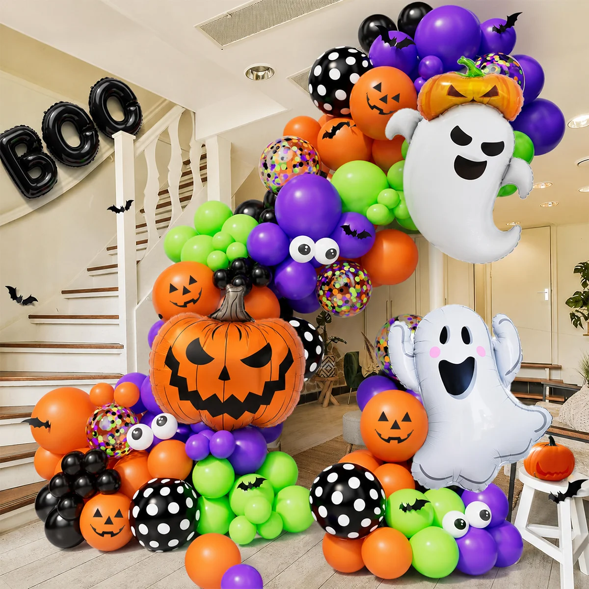 Guirlande d'arche de ballons d'Halloween, 135 pièces, ballons en aluminium fantôme, citrouille, BOO, pour la maison, la cour, le bar, décoration de toile de fond pour fête à thème Halloween