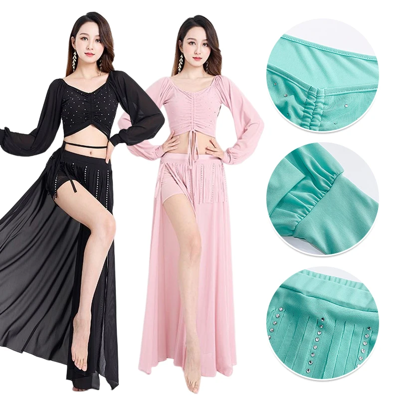 

Two Piece Belly Dance Costume Set for Women Elegant Cut-Out Long Sleeve Hollow Camisole with High-Rise Slim Long Skirts